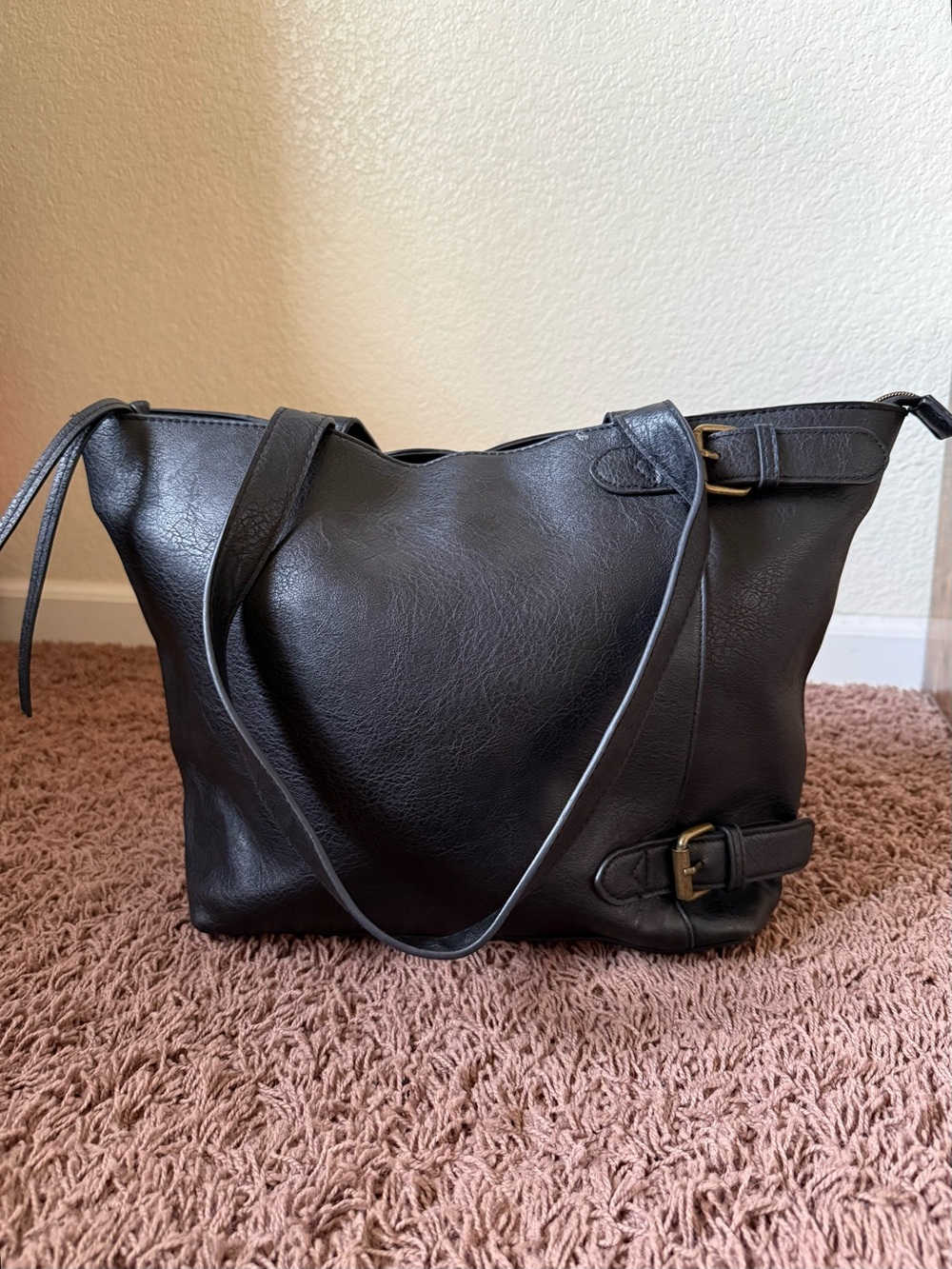 Black Shoulder Tote with Buckle Detail